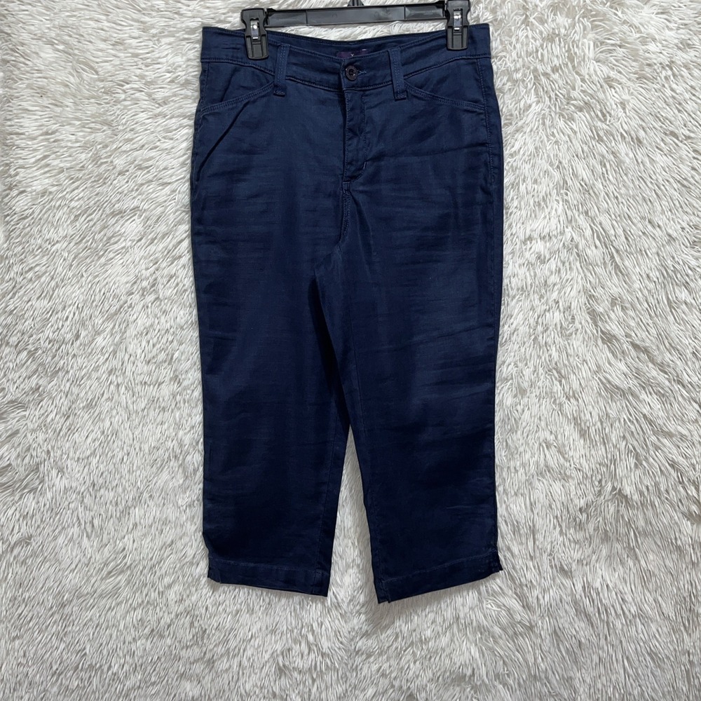 NYDJ Linen Blend Crop Pants Blue Size 4 High Rise Slimming Casual Vacation - Picture 1 of 13